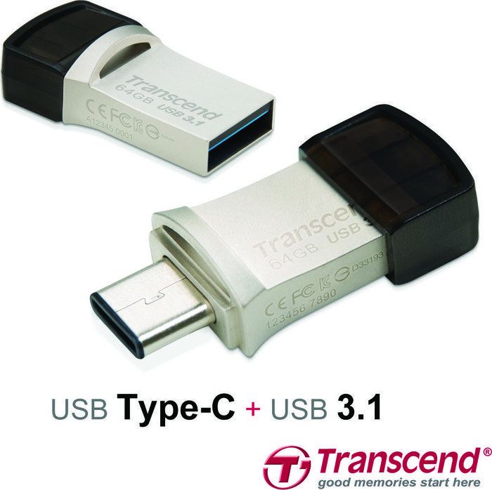 Накопичувач Type-C/USB Flash drive   64GB Transcend JetFlash 890  (USB3.1, Read 90MB/s Write 30MB/s)