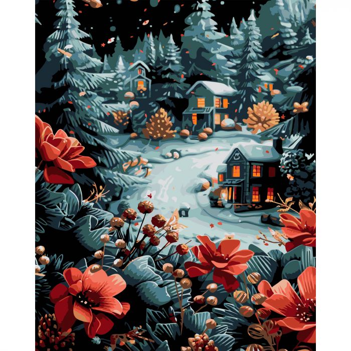 Картина за номерами Strateg ПРЕМІУМ Домівки у засніжених ялинках на чорному фоні розміром 40х50 см (AH1242)