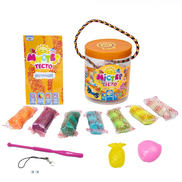 Набір маси для ліплення Strateg Містер тісто 12 кольорів з блискітками у блістері українською мовою (71809)