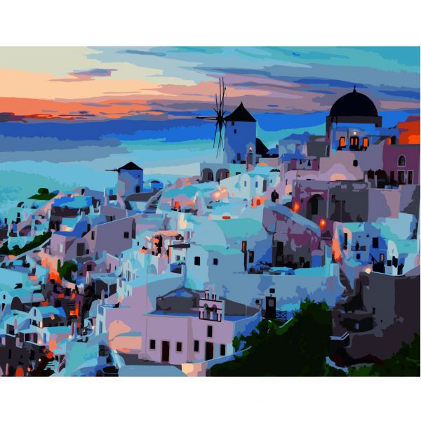 Картина за номерами Strateg ПРЕМІУМ Вечірній Санторіні з лаком розміром 40х50 см VA-2740