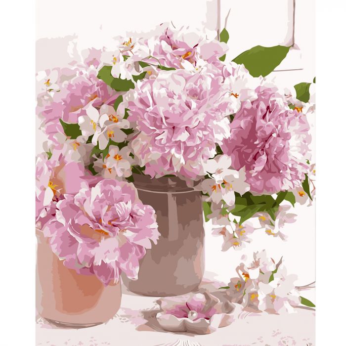 Картина за номерами Strateg ПРЕМІУМ Ніжні рожеві півонії з лаком розміром 40х50 см VA-2523