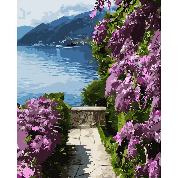 Картина за номерами Strateg ПРЕМІУМ Лазурний берег у горах з лаком розміром 40х50 см VA-3235