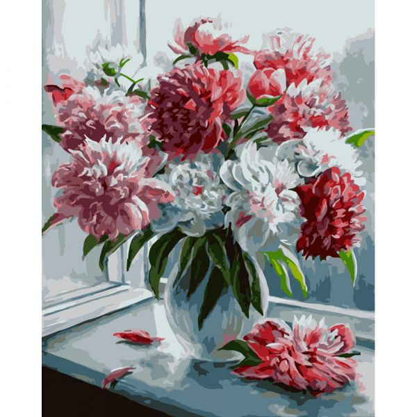 Набір для розпису по номерах Букет піонів біля вікна Strateg розміром 40х50 см (GS071)