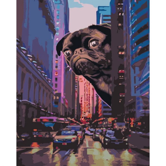 Картина за номерами Strateg ПРЕМІУМ Мопс серед міста розміром 40х50 см (GS701)
