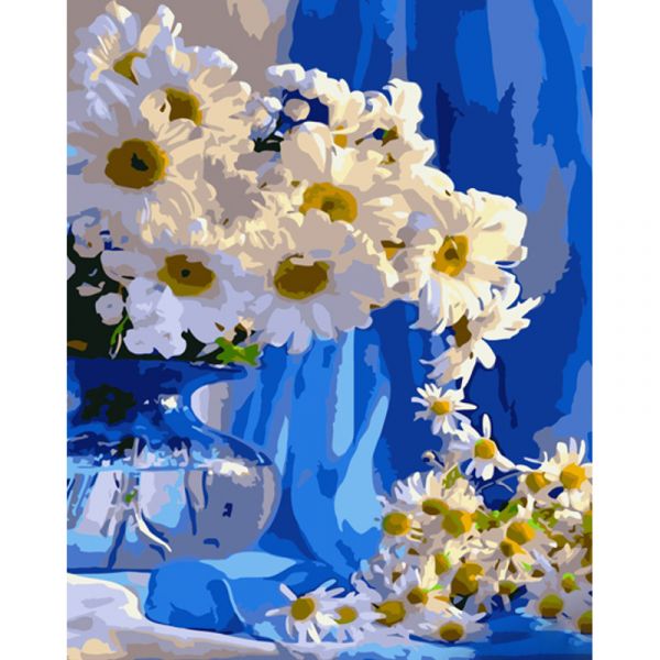 Картина за номерами Strateg ПРЕМІУМ Ваза з ромашками з лаком та з рівнем розміром 40х50 см (GS1342)