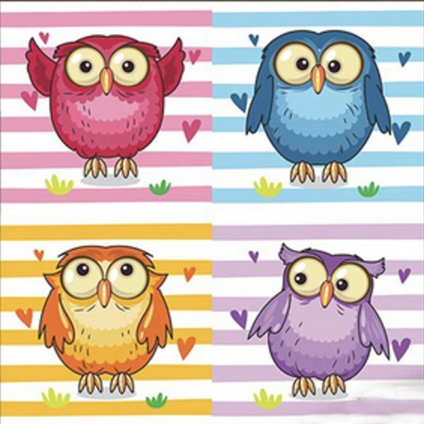 Алмазна мозаїка Strateg ПРЕМІУМ  Чотири кольорові  сови  розміром 30х30 см  (ME13827)