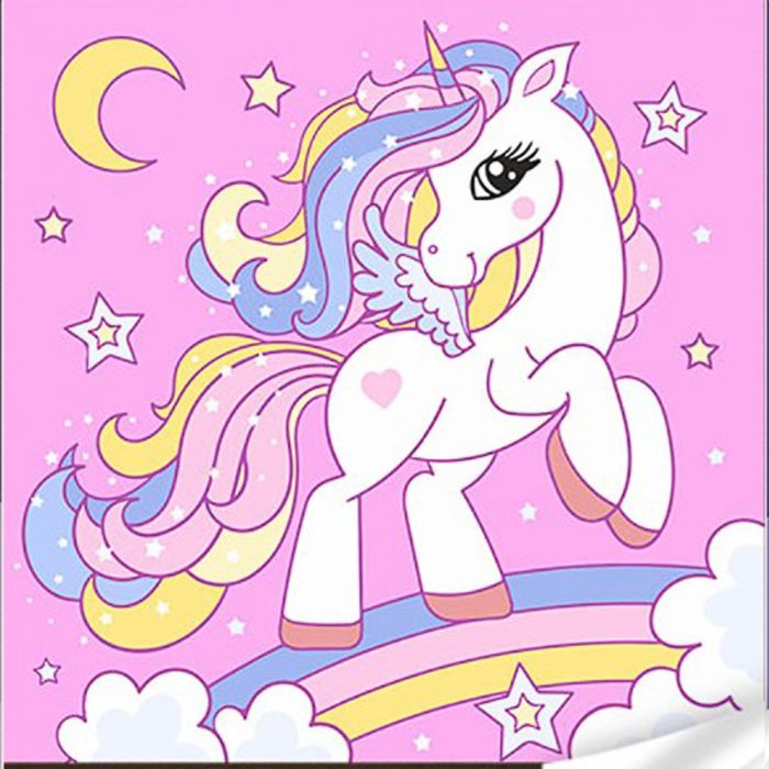 Картина за номерами Strateg ПРЕМІУМ Єдиноріжок на веселці з лаком та з рівнем розміром 30х30 см (ES-0877)