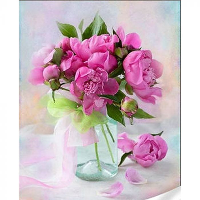 Алмазна мозаїка Strateg ПРЕМІУМ Ніжні півонії у скляній вазі розміром 30х40 см (GM86840)