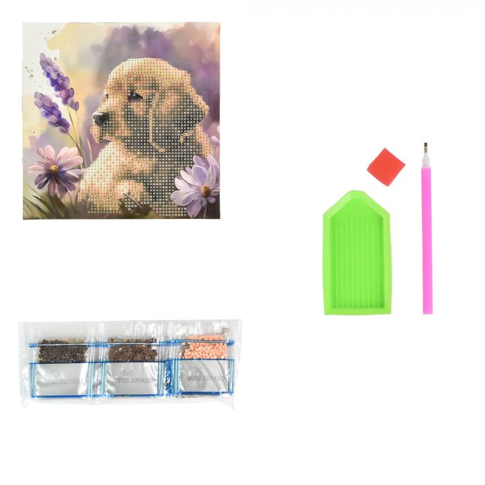 Алмазна мозаїка Strateg ПРЕМІУМ Цуценя золотистого ретрівера на паперовій основі розміром 18х18 см (JUB14398)