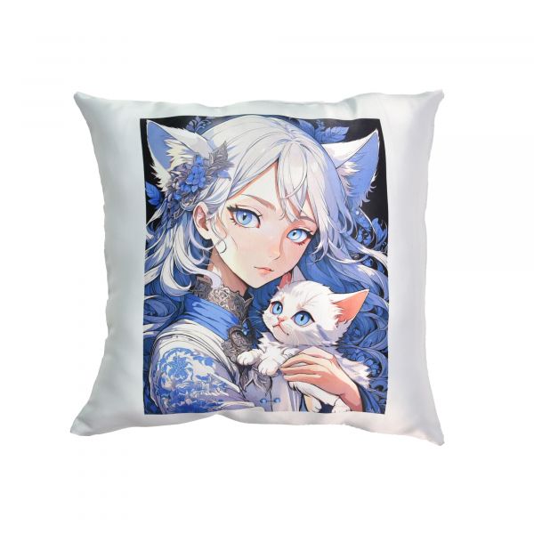 Подушка  "Аніме дівчина з кошеням" розмір 35*35 см (рожева) з нанесенням сублімації (60654)