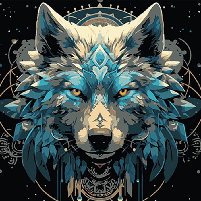 Картина за номерами Strateg ПРЕМІУМ Портрет вовка в мистецькому стилі на чорному фоні розміром 40х40 см (AV4040-56)