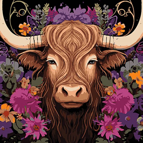 Набір для розпису по номерах Корова в квітковій красі Strateg на чорному фоні розміром 40х40 см (AV4