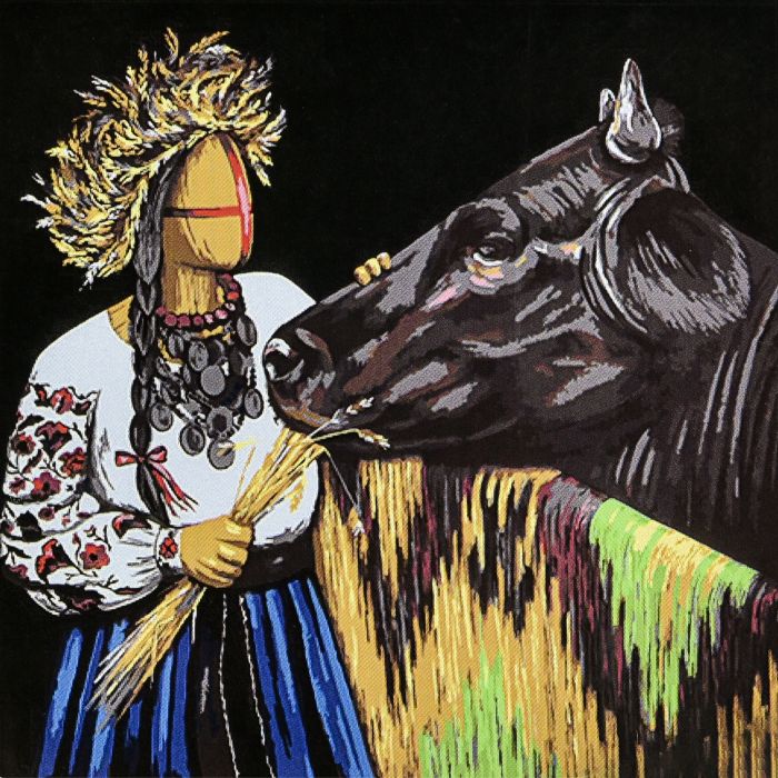 Картина за номерами Strateg ПРЕМІУМ Годувальниця на чорному фоні з лаком розміром 40х40 см (AV4040-93)