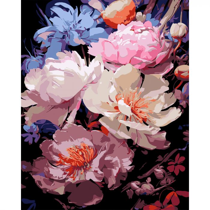 Набір для розпису по номерах Пелюстки ночі Strateg на чорному фоні розміром 40х50 см (AH1164)