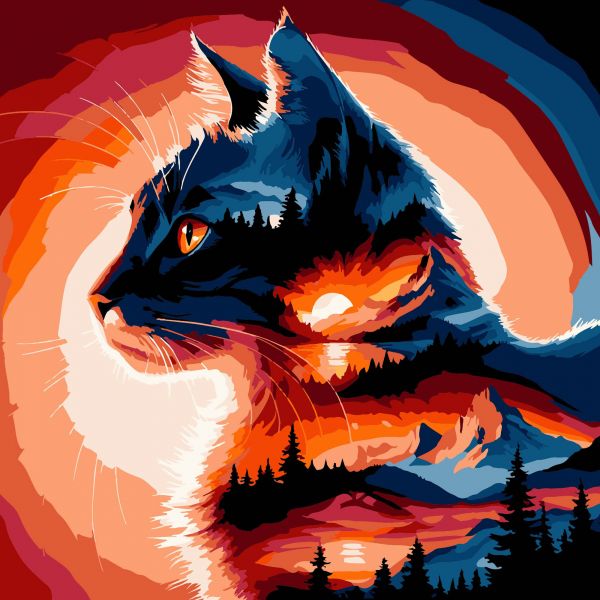 Картина за номерами Strateg ПРЕМІУМ Кіт на заході сонця на чорному фоні розміром 30х30 см (SH3030-25)