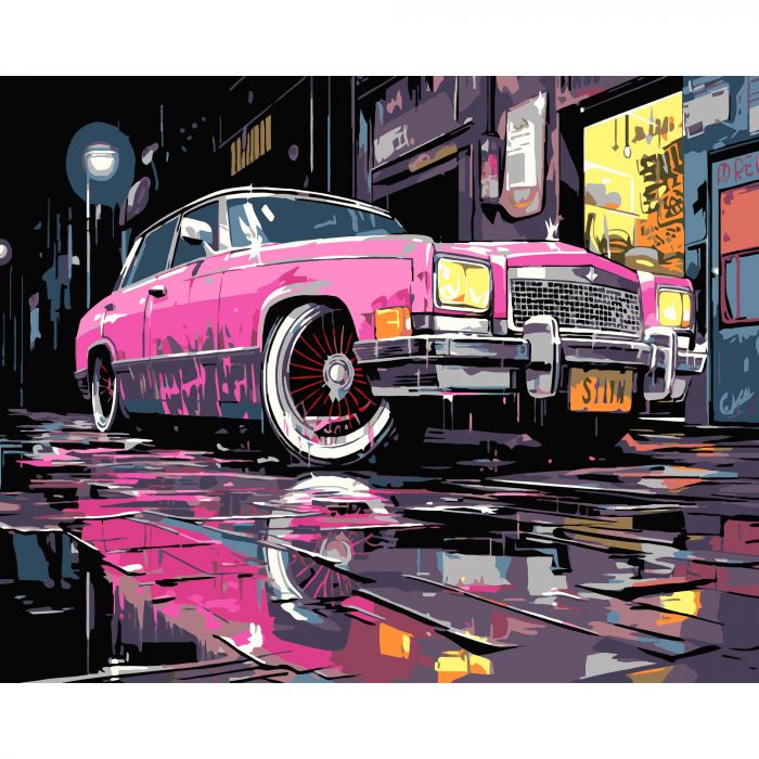Картина за номерами Strateg ПРЕМІУМ Рожева машина на чорному фоні розміром 40х50 см (AH1175-17)