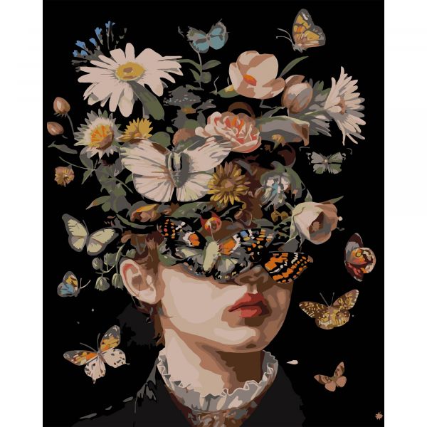 Картина за номерами Strateg ПРЕМІУМ Дівчина і метелики на чорному фоні розміром 40х50 см (AH1176-19