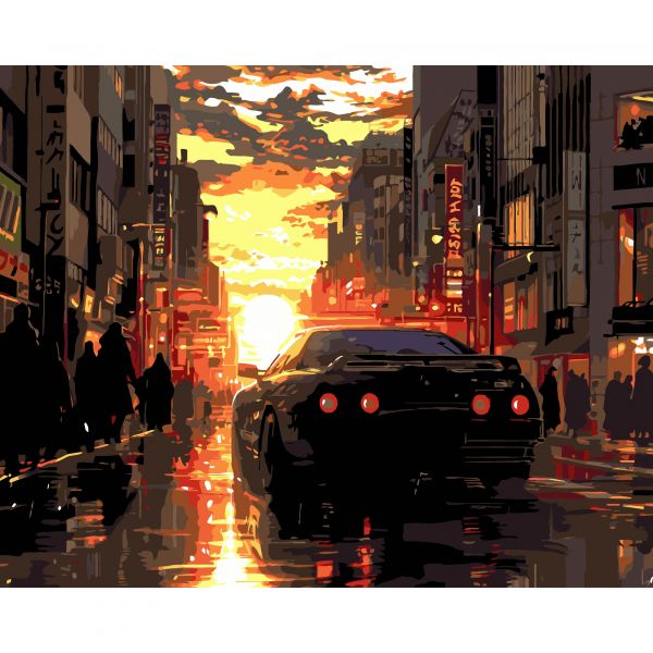 Картина за номерами Strateg ПРЕМІУМ Авто на заході на чорному фоні розміром 40х50 см (AH1178-17)