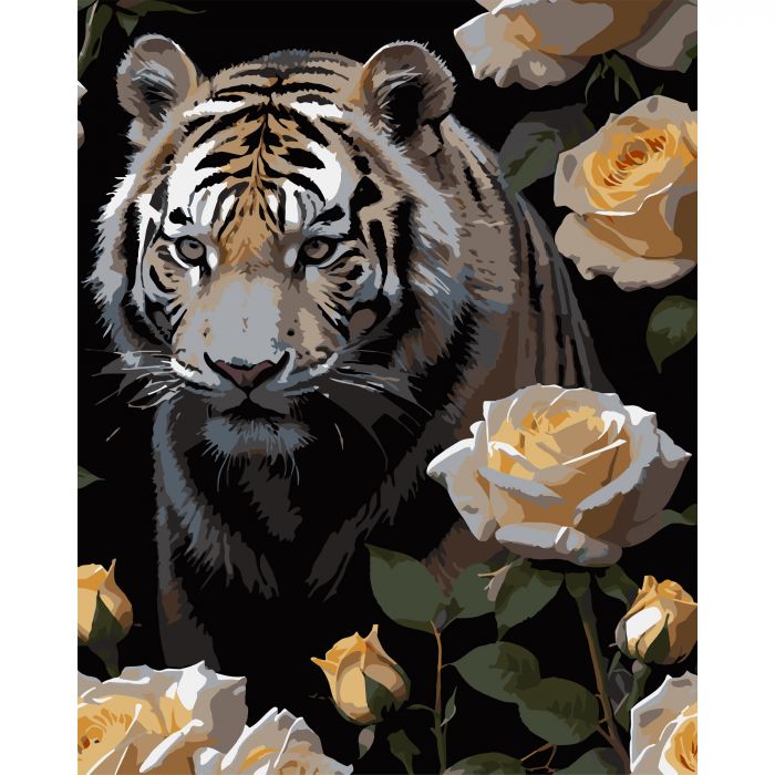 Картина за номерами Strateg ПРЕМІУМ Тигр у трояндах на чорному фоні розміром 40х50 см (AH1180-19)