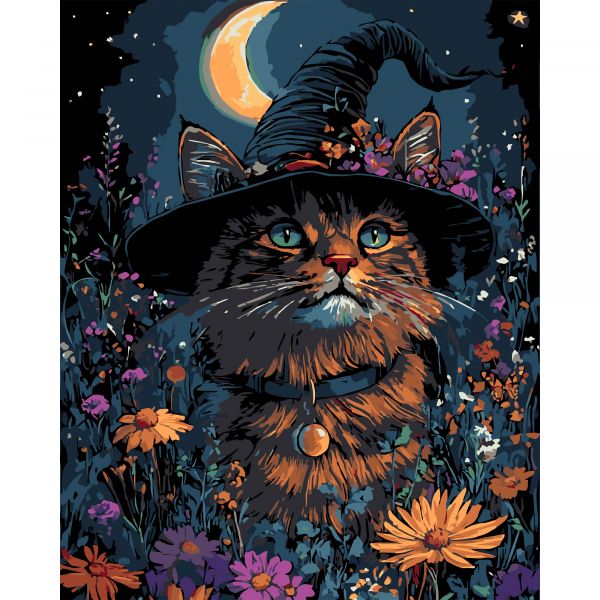 Картина за номерами Strateg ПРЕМІУМ Геллоуїнський кіт на чорному фоні розміром 40х50 см (AH1193-17)