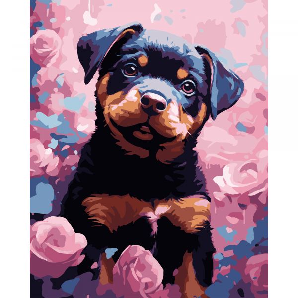 Картина за номерами Strateg ПРЕМІУМ Песик на чорному фоні розміром 40х50 см (AH1205-17)