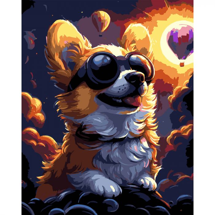 Картина за номерами Strateg ПРЕМІУМ Коргі в окулярах на чорному фоні розміром 40х50 см (AH1212-19)