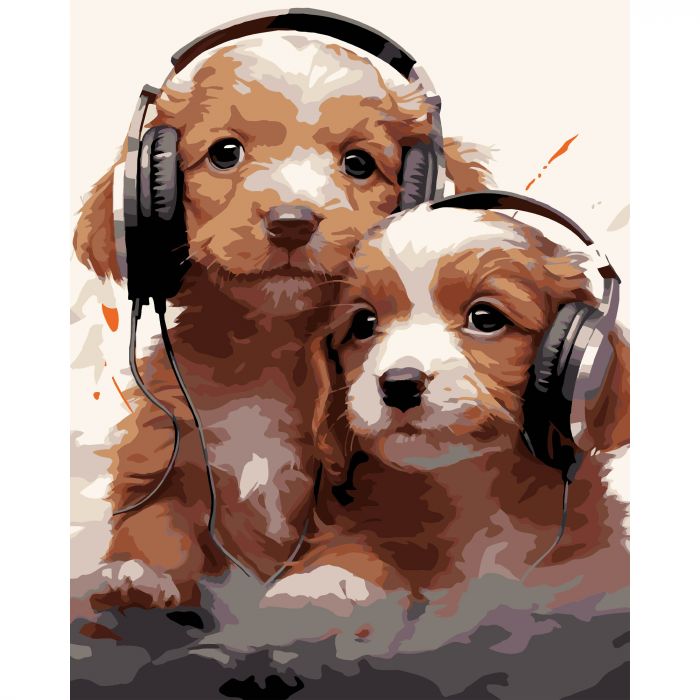 Картина за номерами Strateg ПРЕМІУМ Цуценята в навушниках на чорному фоні розміром 40х50 см (AH1218-19)