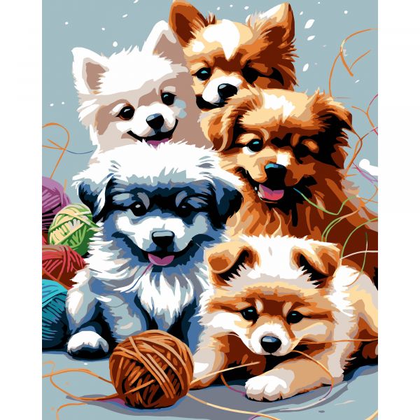 Картина за номерами Strateg ПРЕМІУМ Грайливі цуценята на чорному фоні розміром 40х50 см (AH1226-19)