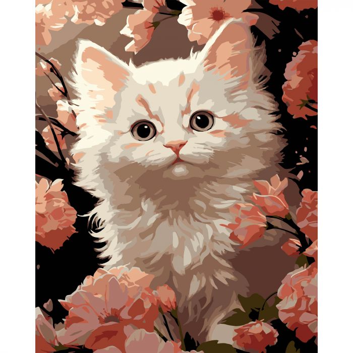 Картина за номерами Strateg ПРЕМІУМ Біле кошеня на чорному фоні розміром 40х50 см (AH1229-17)