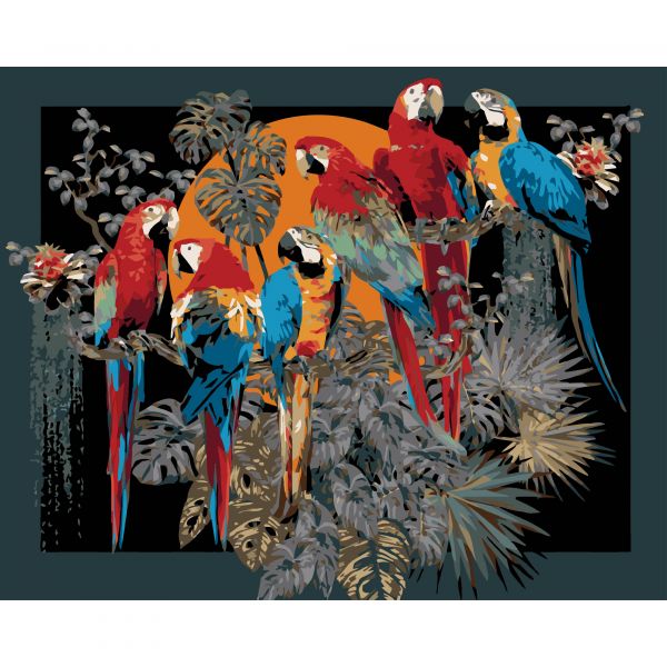 Картина за номерами Strateg ПРЕМІУМ Зграя папуг на чорному фоні розміром 40х50 см (AH1230-19)