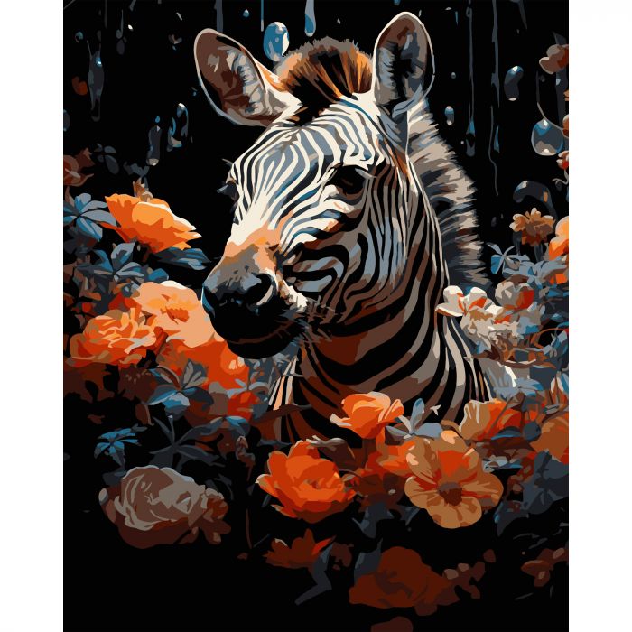 Картина за номерами Strateg ПРЕМІУМ Зебра у квітах на чорному фоні розміром 40х50 см (AH1231-17)