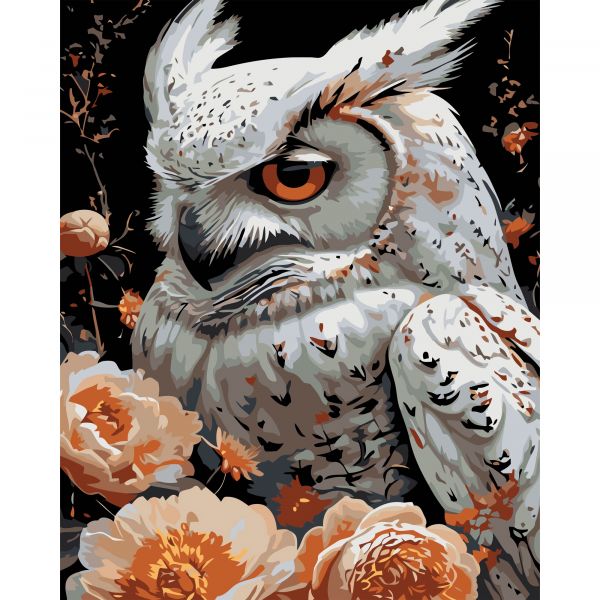 Картина за номерами Strateg ПРЕМІУМ Біла сова на чорному фоні розміром 40х50 см (AH1237)