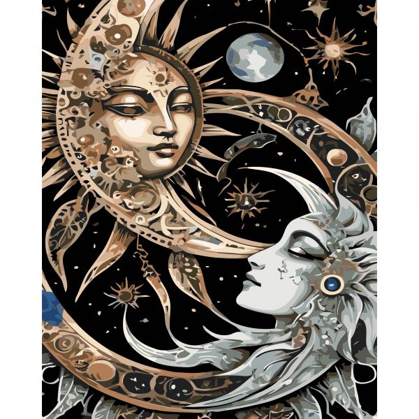 Картина за номерами Strateg ПРЕМІУМ Сонце і Місяць на чорному фоні розміром 40х50 см (AH1238)
