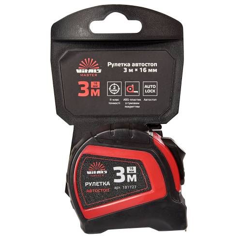 Будівельна рулетка 3 м × 16 мм автостоп Vitals Master