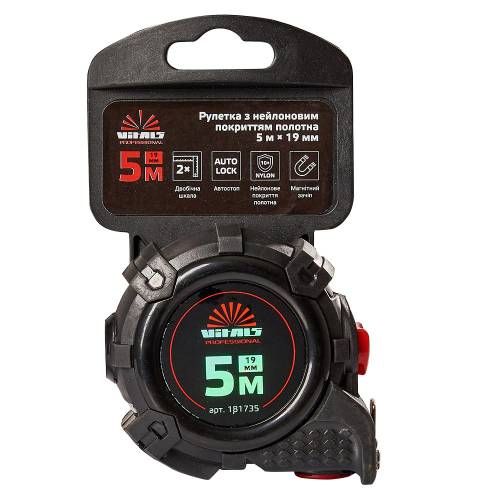 Будівельна рулетка гумова з нейлоновим покриттям полотна 5 м × 19 мм автостоп Vitals Professional