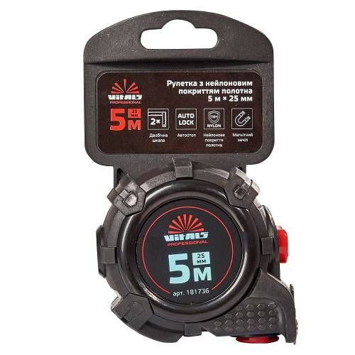 Будівельна рулетка гумова з нейлоновим покриттям полотна 5 м × 25 мм автостоп Vitals Professional